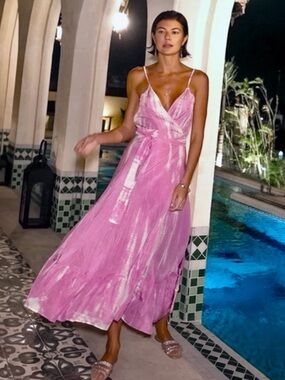 Anna Kosturova Tia Silk Wrap Sleeveless Abstract Midi Dress Pink White Medium